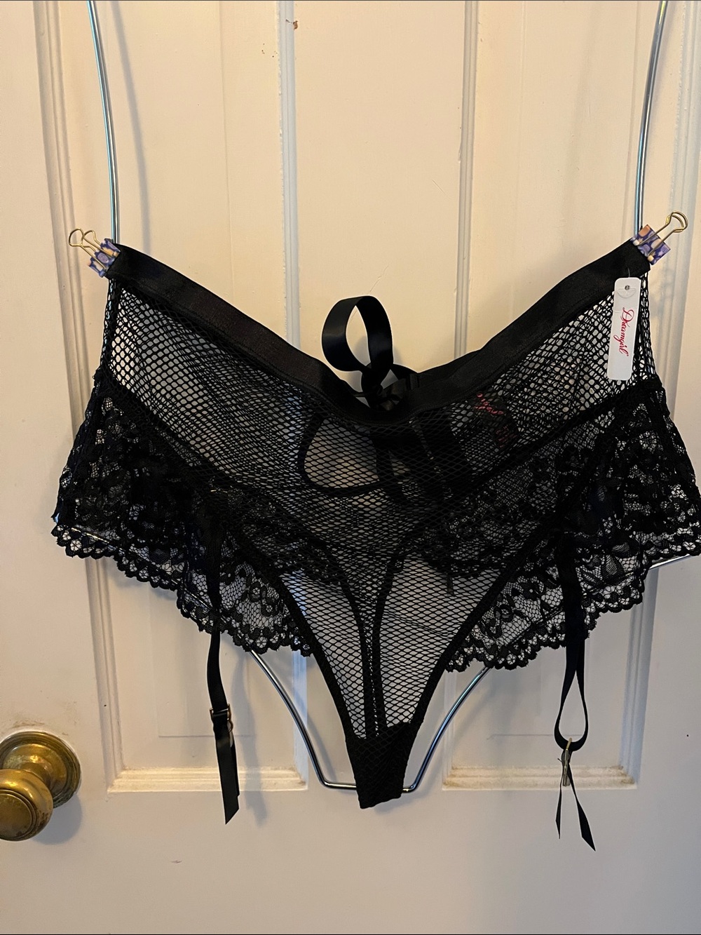Dreamgirl Black Lace & Fishnet Garter Panty